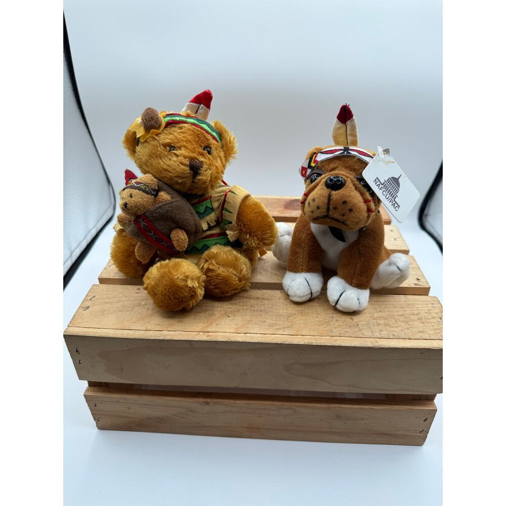 Plushland Heritage Native Attire Bear and Bulldog Plush Lot -NAFCU/PAC Promo 8"⁠